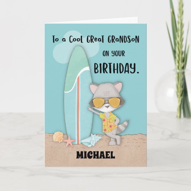 Custom Name Great Grandson Birthday Beach Raccoon Card (Front)