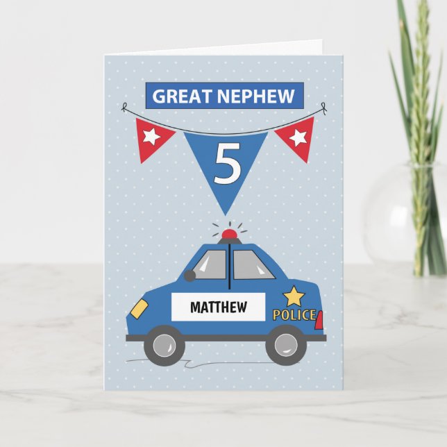 Custom Name Great Nephew 5th Birthday Blue Police  Card (Front)