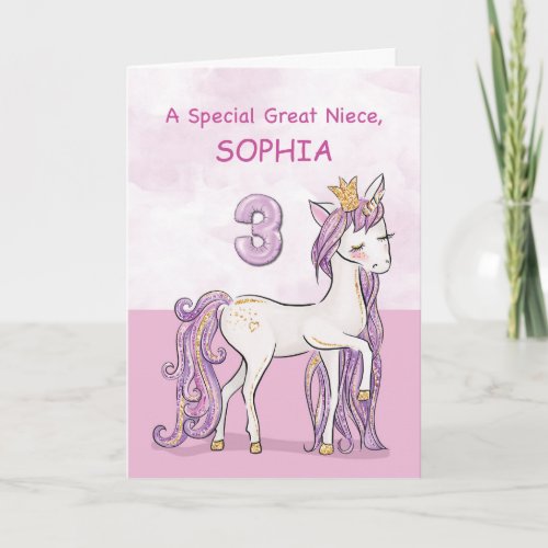 Custom Name Great Niece 3rd Birthday Pink Horse Card