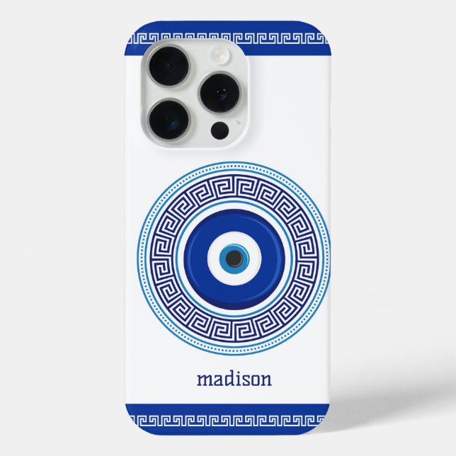 Custom Name Greek Pattern Evil Eye Nazar Case-Mate iPhone Case (Back)