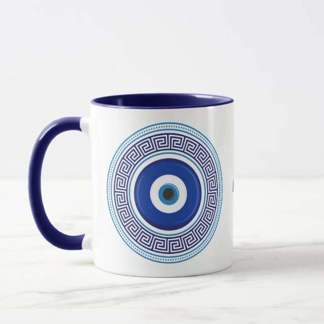 Custom Name Greek Pattern Evil Eye Nazar Mug (Left)