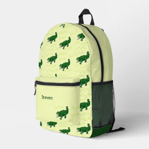 Custom name green alligator on yellow printed backpack