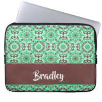 Custom name green and brown tile print laptop sleeve