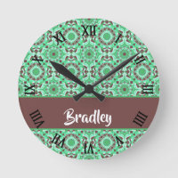 Custom name green and brown tile print round clock