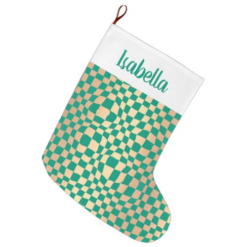 Custom Name Green and Gold Checker Pattern Large Christmas Stocking