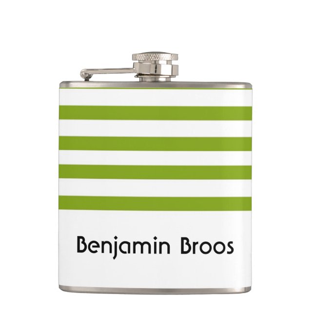 Custom name green and white stripes flask (Front)
