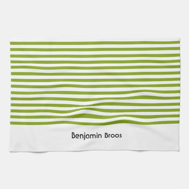 Custom name green and white stripes kitchen towel (Horizontal)