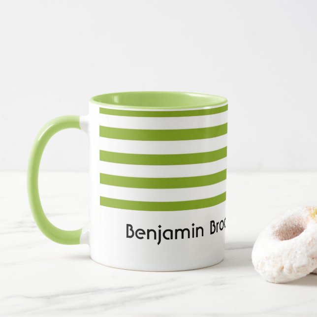 Custom name green and white stripes mug (With Donut)