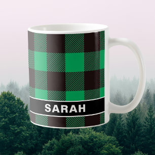 Custom Name Green & Black Buffalo Plaid Coffee Mug