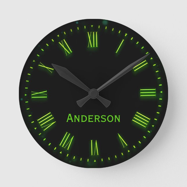 Custom Name Green Black Classic Elegant Roman Round Clock (Front)