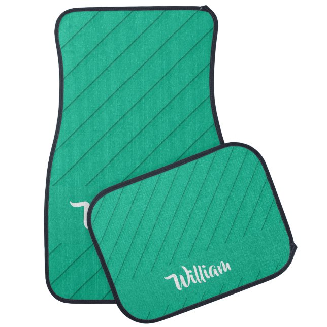 Custom name green diagonal plastic textured car floor mat (Set)