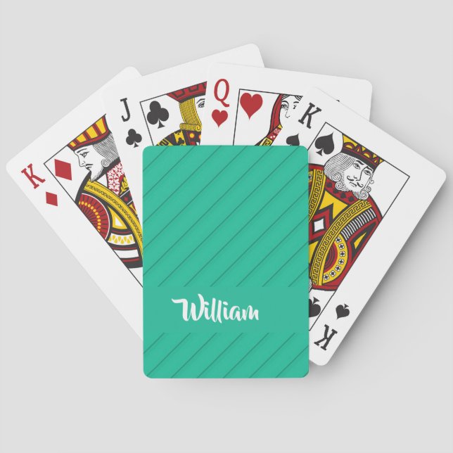 Custom name green diagonal plastic textured poker cards (Back)