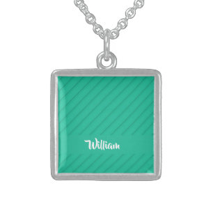 Custom name green diagonal plastic textured sterling silver necklace