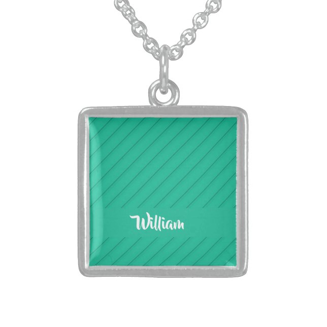 Custom name green diagonal plastic textured sterling silver necklace (Front)