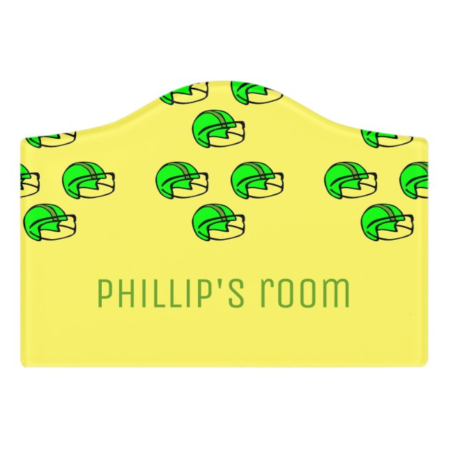 Custom name green football helmet yellow door sign (Small Crest Front)