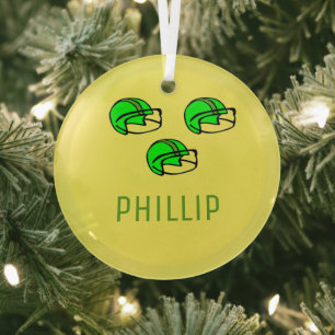 Custom name green football helmet yellow glass ornament