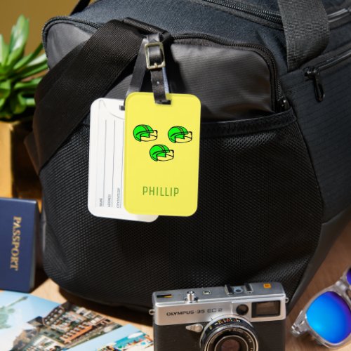 Custom name green football helmet yellow luggage tag