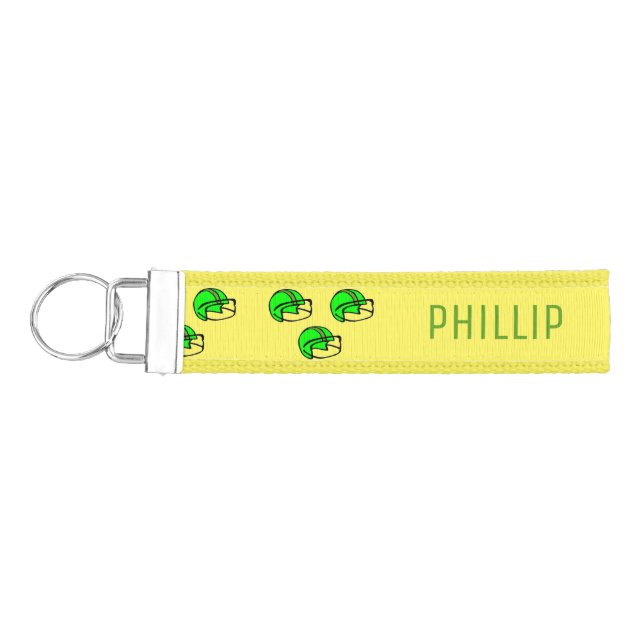 Custom name green football helmet yellow wrist keychain (Keys on Left)