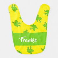 Custom name green frogs on yellow baby bib