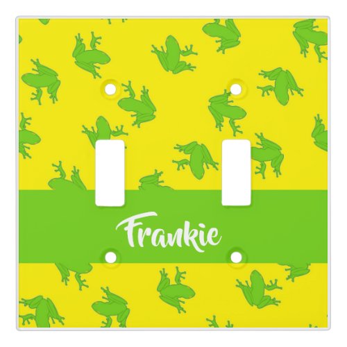 Custom name green frogs on yellow light switch cover