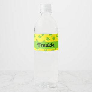 Custom name green frogs on yellow water bottle label