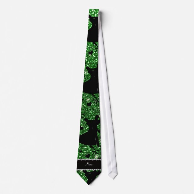 Custom name green glitter ballroom dancing neck tie (Front)