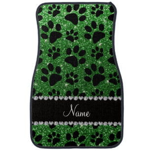 Custom name green glitter black dog paws car mat
