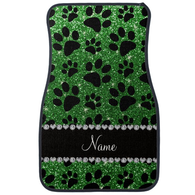 Custom name green glitter black dog paws car mat (Front)