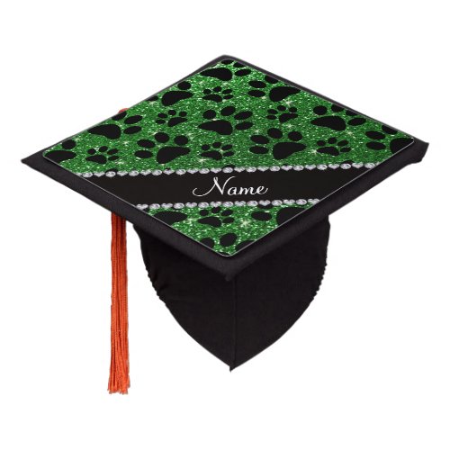 Custom name green glitter black dog paws graduation cap topper