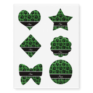 Custom name green glitter black dog paws temporary tattoos