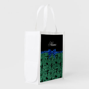 Custom name green glitter gymnastics blue bow grocery bag