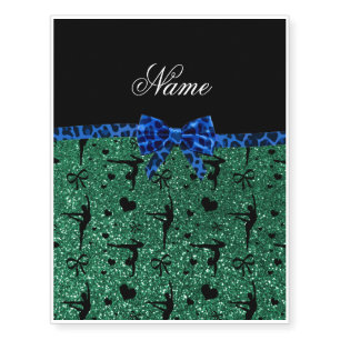 Custom name green glitter gymnastics blue bow temporary tattoos