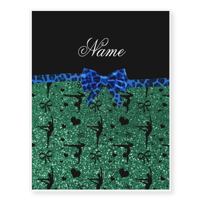 Custom name green glitter gymnastics blue bow temporary tattoos (Front)
