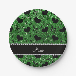 Custom name green glitter music notes hearts paper plates