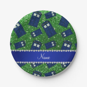 Custom name green glitter police box paper plates