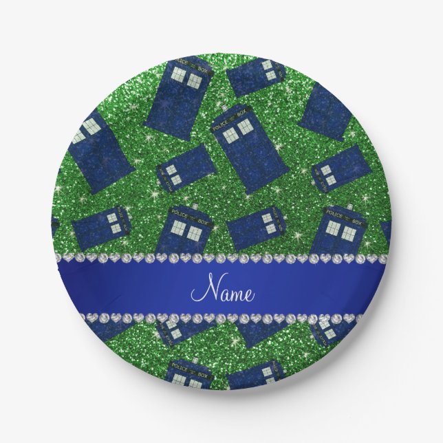 Custom name green glitter police box paper plates (Front)