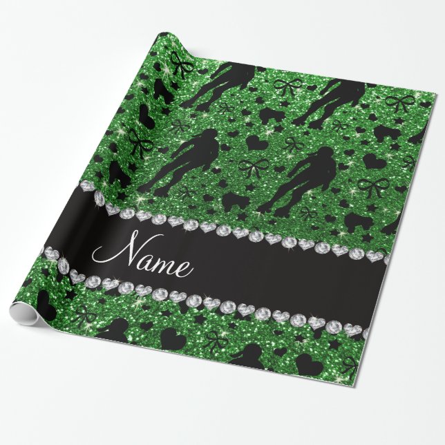 Custom name green glitter roller derby wrapping paper (Unrolled)