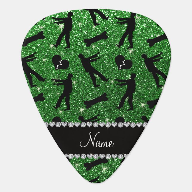 Custom name green glitter zombies guitar pick (Front)