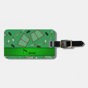 Custom name green hockey sticks pucks nets luggage tag