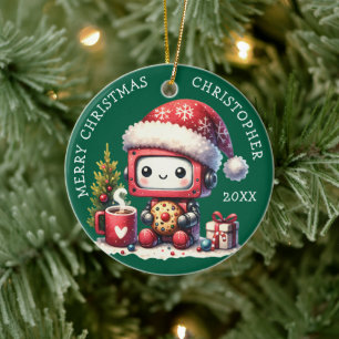 Custom Name Green Merry Christmas Cute Robot Ceramic Ornament