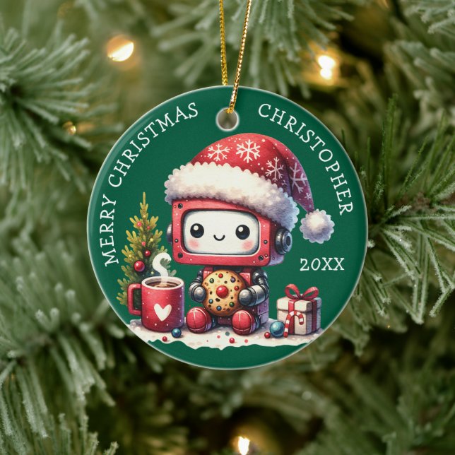 Custom Name Green Merry Christmas Cute Robot Ceramic Ornament (Tree)