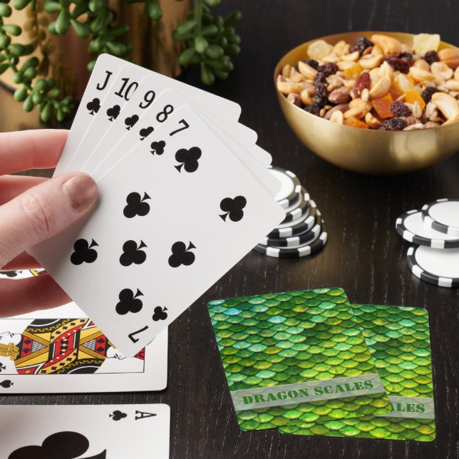 Custom Name Green Metallic Dragon Scales Poker Cards (In Situ)