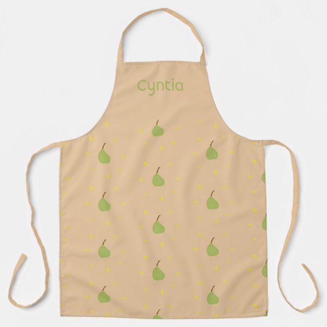 Custom name green pear pattern brown apron (Front)