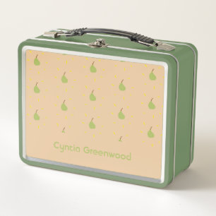 Custom name green pear pattern brown metal lunch box