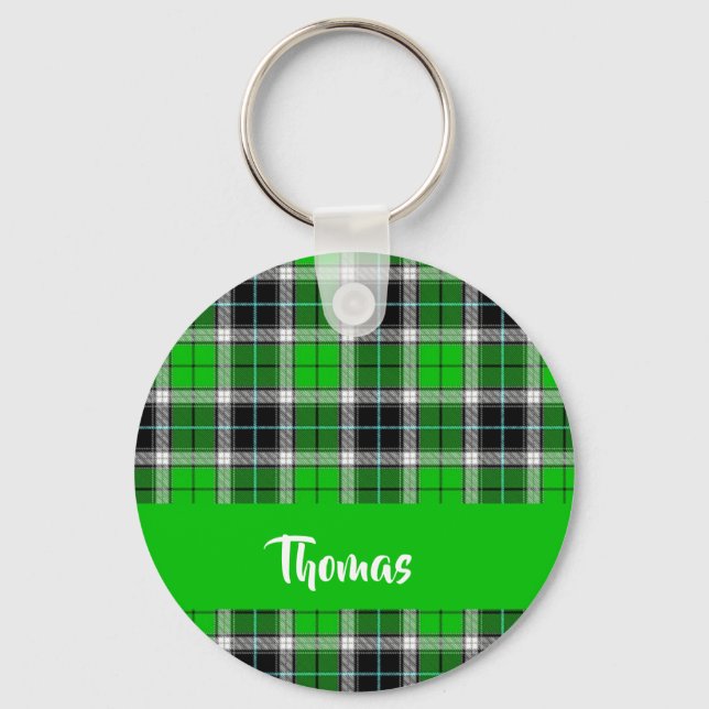 Custom name green plaid pattern keychain (Front)
