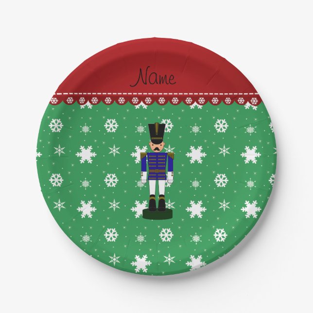 Custom name green snowflakes blue nutcracker paper plates (Front)