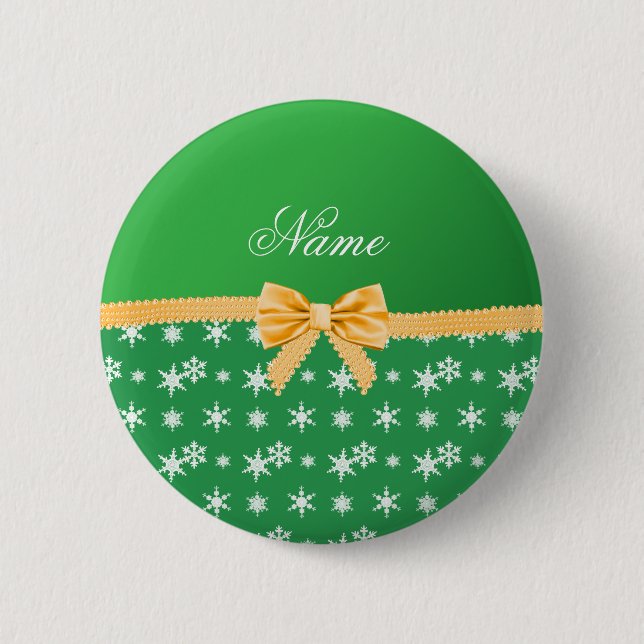 Custom name green snowflakes gold bow pinback button (Front)
