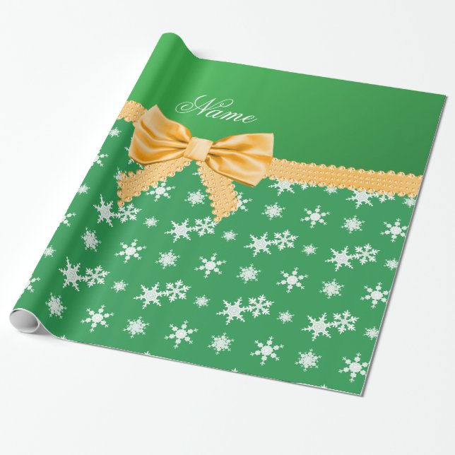 Custom name green snowflakes gold bow wrapping paper (Unrolled)