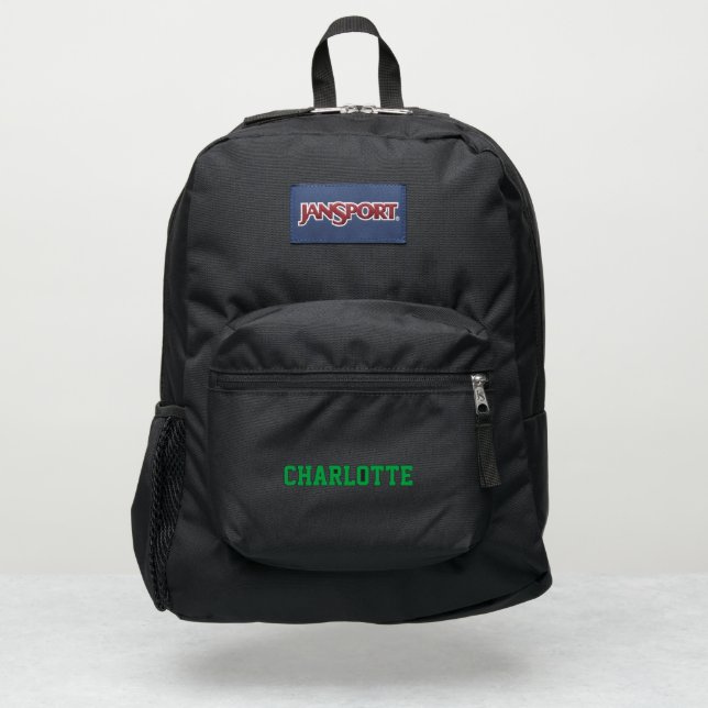 Custom name green text black sports JanSport backpack (Front)
