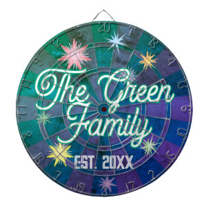 CUSTOM NAME Green Typography & Multi-Colored Stars Dart Board
